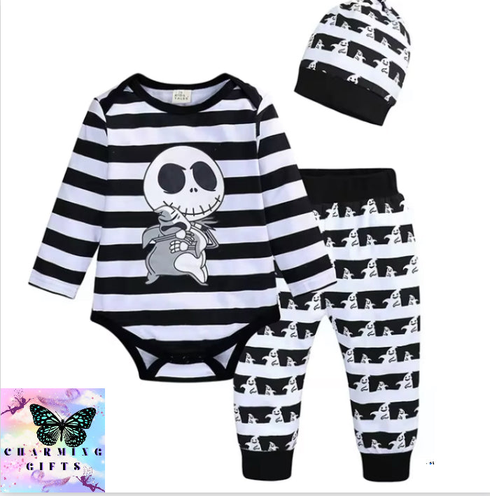 Nightmare before Christmas Newborn Baby Cotton Clothes Sets Spring Autumn Girl Boy Romper Pants Hat 3pcs Sets For Halloween Ghost Infant Pajamas Wear