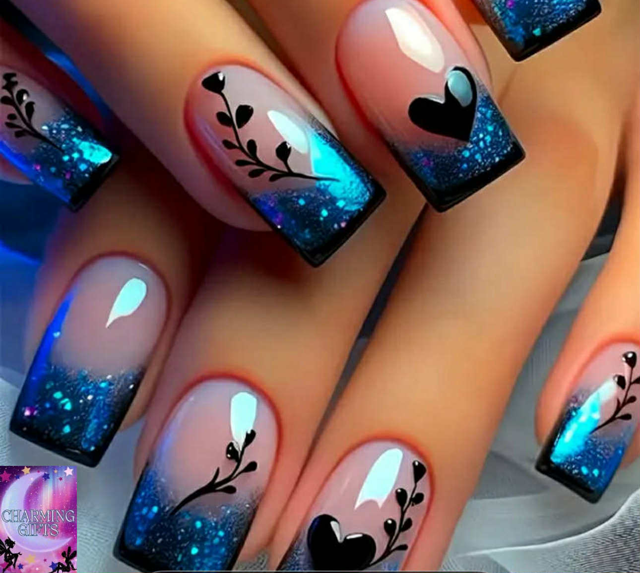 1 Box of 24pcs Elegant Blue Glow-in-the-Dark Heart & Floral Nail Stickers - Durable, Reusable, Glossy Finish, Perfect for All Girls & Women, Includes 1pc of Gel Nail and 1 Nail File, Nail Art Stickers | Glow in the Dark Nails | Durable Nail Stickers, Nail
