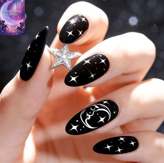 Mid-Length Almond-Shaped Color-Blocked Star And Pattern Spring-Summer Style Glossy 24pcs Nail Tips Removable Wearable Nails Gel Type Press on