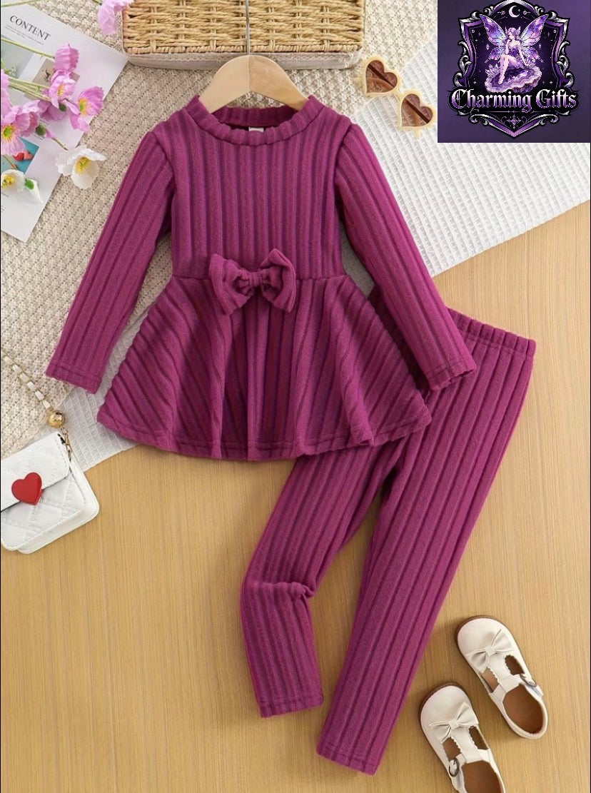 Girls' Fashion Bowknot Solid Color -Lined Ribbed Long-Sleeve Dress and Pants Set, Perfect for Outdoor, Autumn/Winter Essentials, Back to School Essentials