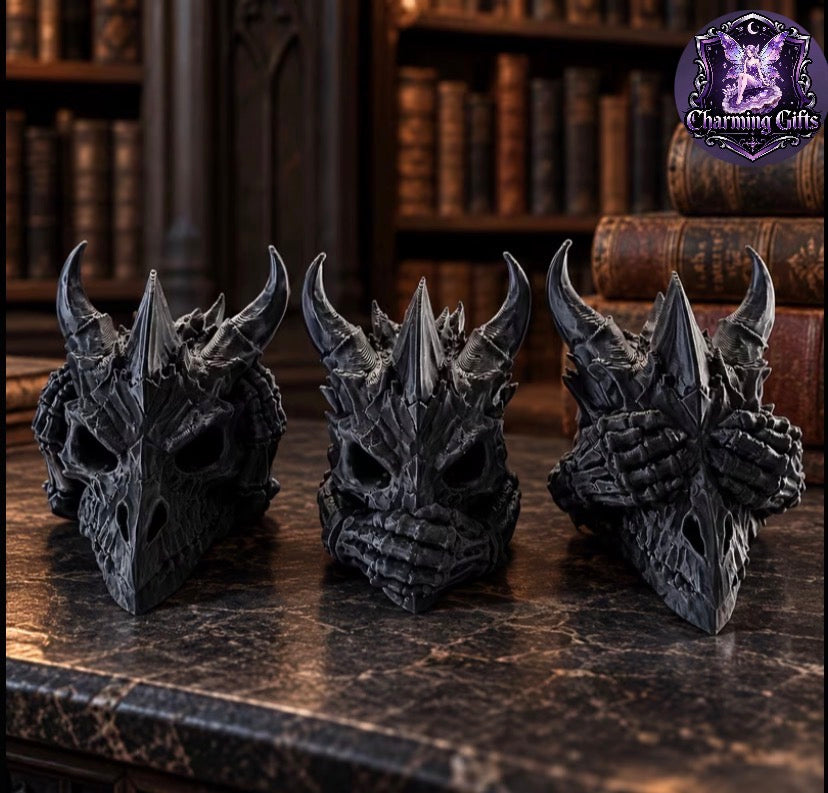 🐉 Three Wise Dragon Heads — See No Evil, Hear No Evil, Speak No Evil Sculpture Set 🐉