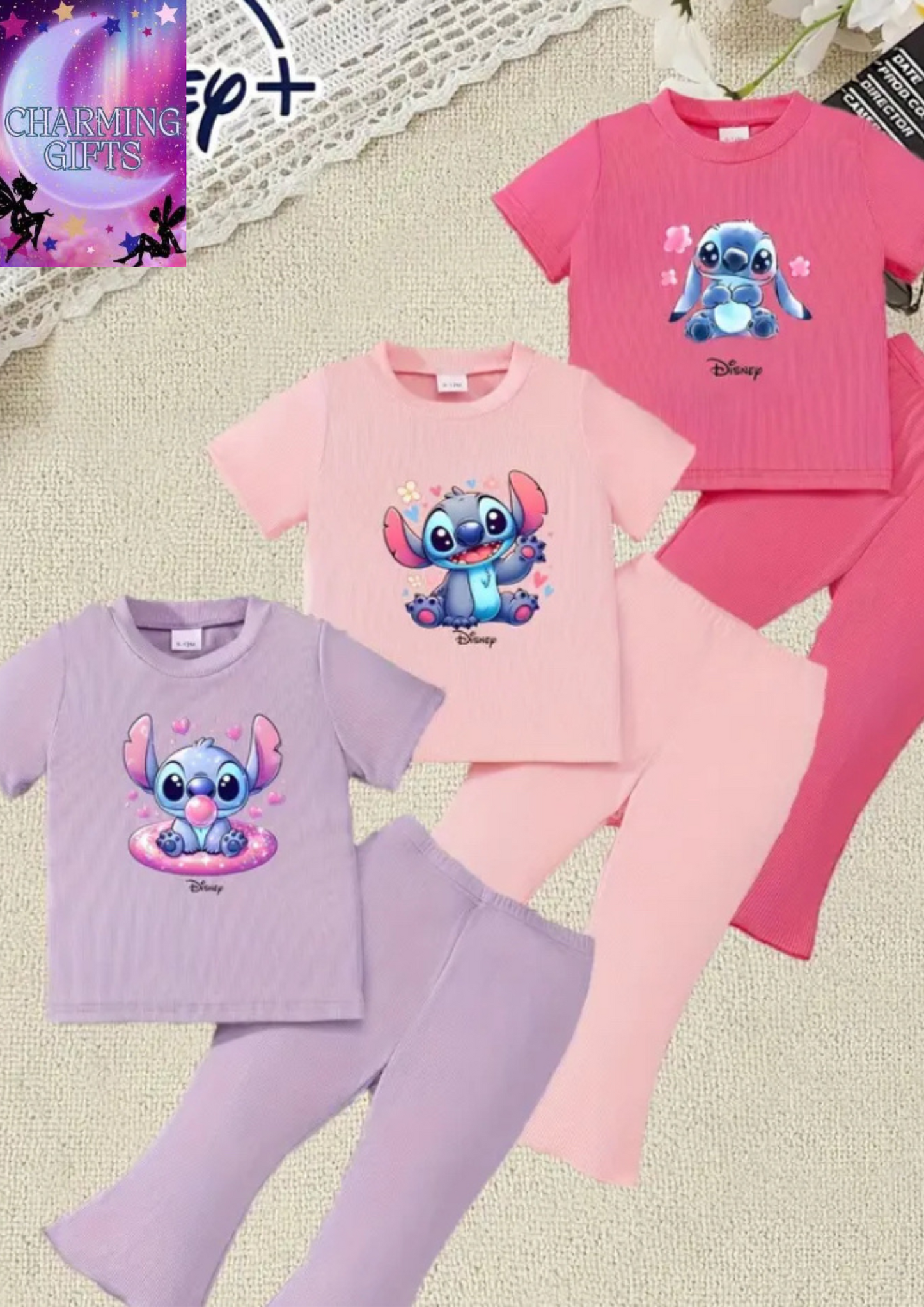 6pcs Stitch Print Romper Set - Cute Cartoon Short Sleeve Tops & Flared Pants, Stretchy Waist, Regular Fit for Spring/Summer Outdoor Activities and Casual Wear, Stitch Clothing, for Outdoor, Knit