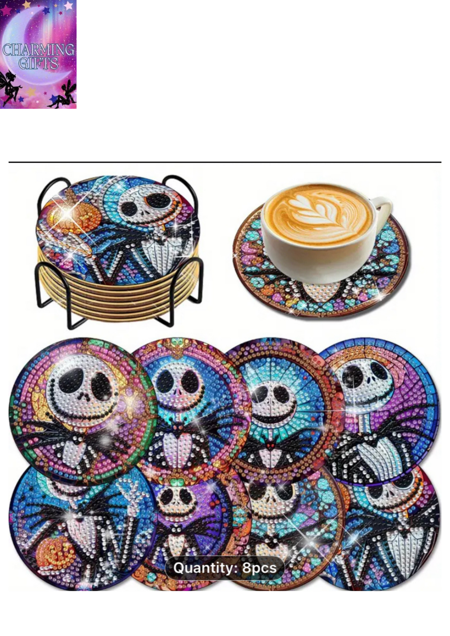 8pcs DIY Gemstone Crafts Holiday Gift Jack and Sally Nightmare Before Christmas Diamond Painting Coasters Heat Resistant Mats Non-Slip Pads Home Kitchen Accessories Decorative Items Cookware Gifts Set Rhinestone Art Kit