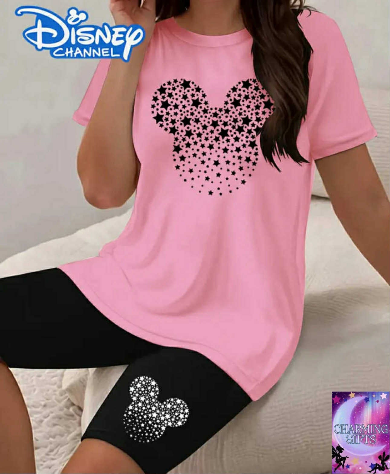 Disney plus-size ladies Mickey T-shirt short sleeve suit, Mickey outline star gradient printing, short sleeve+shorts two-piece, machine washable, comfortable in all seasons, and can be sent to Disney fans as gifts.