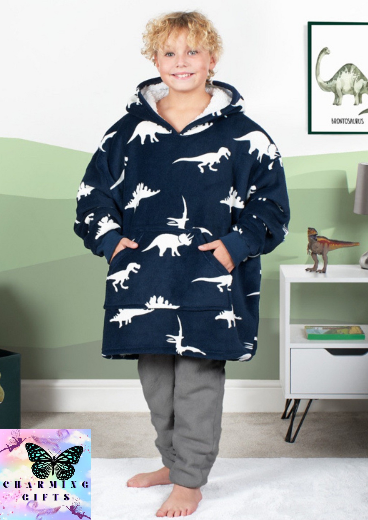 Dino Print Hoodie Blanket, Kids - Navy