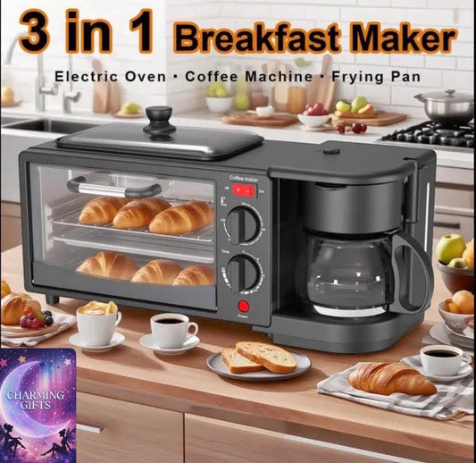 3-In-1 Breakfast Machine, Portable Breakfast Maker with Non-Stick Griddle, Coffee Maker &Toaster Oven, Cooking Gadgets for Bread Toast Coffee Egg Sandwich Bacon Sausages,for Apartments Kitchen