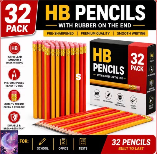 32 Pack HB Pencils with Erasers | Strong Graphite Lead Pencils for Smooth Writing, Drawing & Professional Art Use | Eraser-Tipped School Pencils | Durable Stationery Set for Office, Art, Sketching & Everyday Use