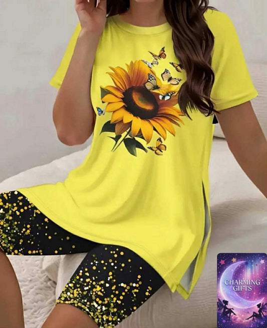 Plus-Size Women'S Casual Two-Piece Set. A Colorful Printed Short-Sleeve Top Paired with Shorts, Featuring Side Slits. A Stylish Short-Sleeve Top Combined with Fitted Shorts, Offering a Comfortable And Regular Fit for Casual Wear, with a Round Neck Knitted