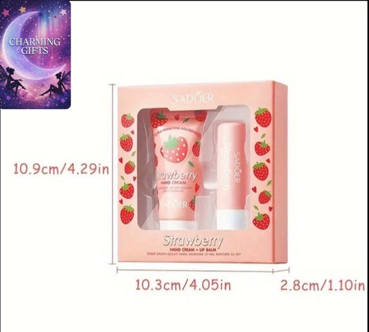 [Moisturizing Strawberry Hand Cream] + Strawberry Hand Cream Lip Balm Set Moisturizing Gift for Women Holiday Gift Set