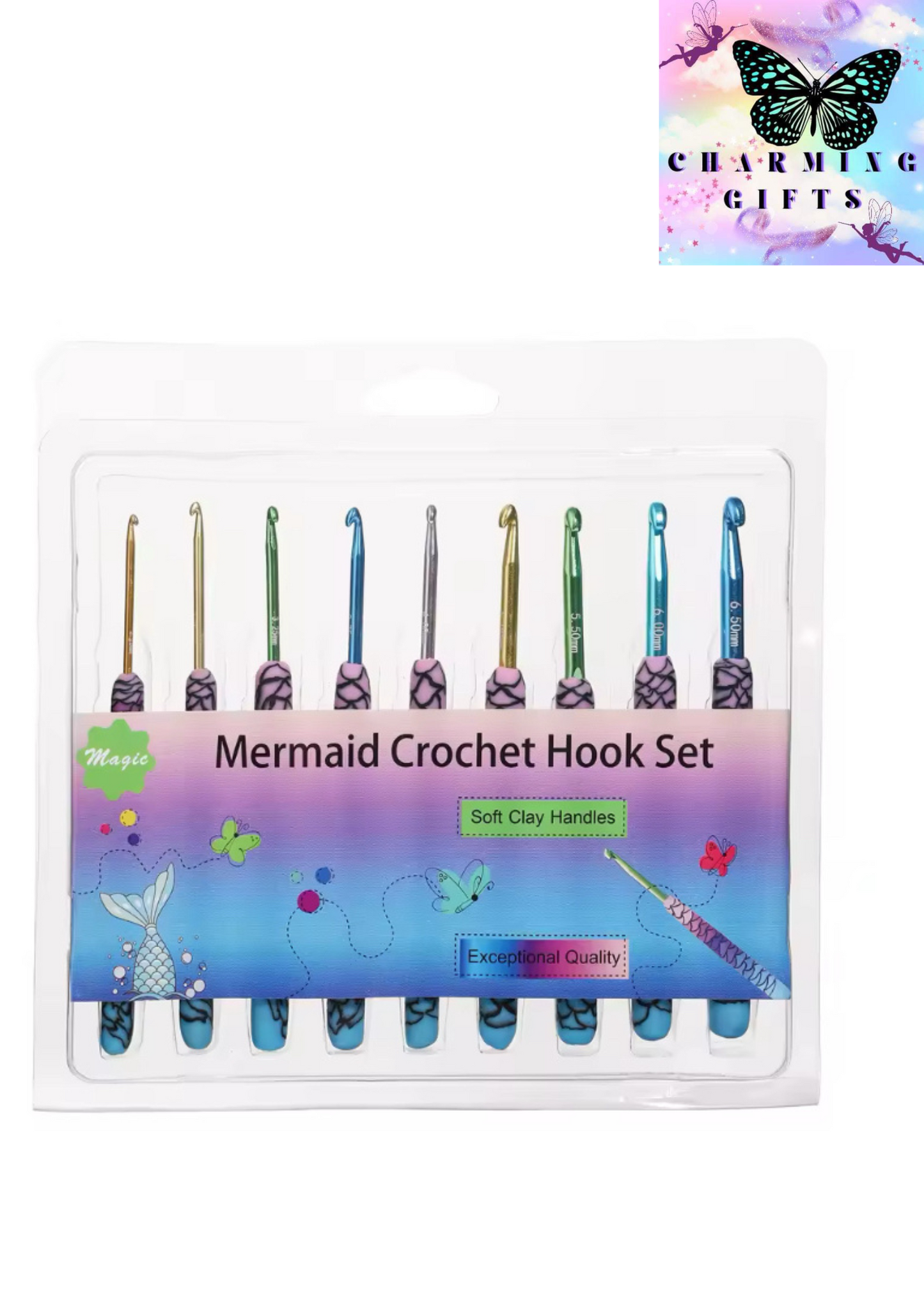 Hot Mermaid Crochet Hook Set Ergonomic Grip 9Pcs Crochet Knitting 2.25-6.5MM Crochet Needles Yarns and Wools So Weave