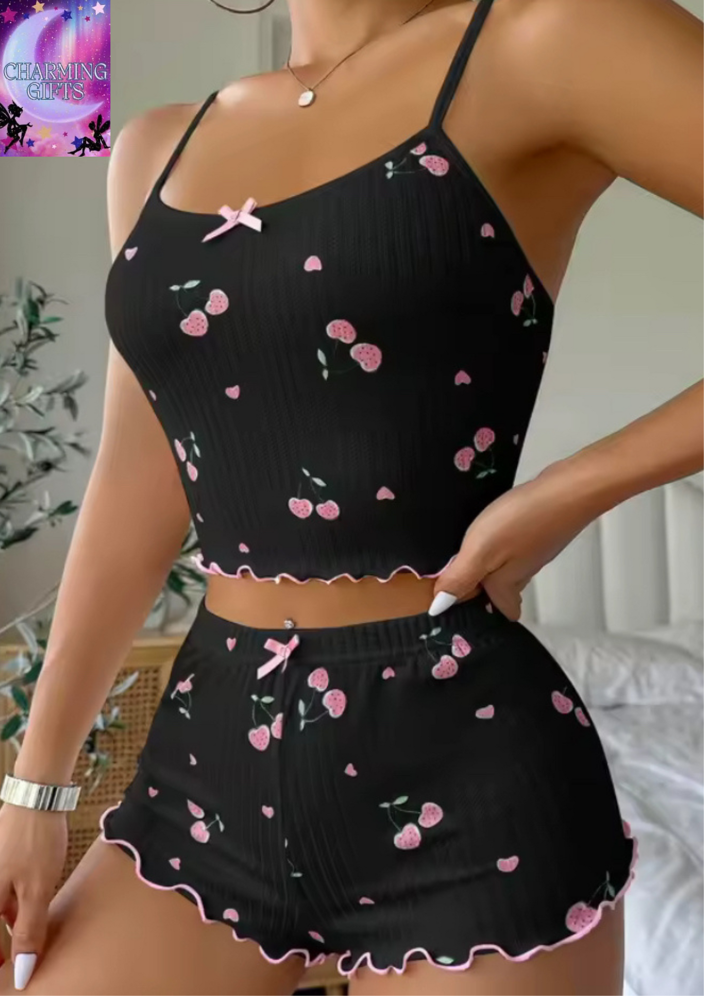 Sleepwear Women's Summer Pajama Set Heart Print Sexy Ribbed Bow Decor Round Neck Backless Crop Cami Top & Shorts Nightwear