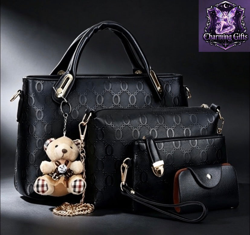 4 Piece Multi-Purpose PU Leather Handbag Set For Women, Large Top Handle Satchel Tote & Hobo Crossbody Shoulder Bag, Complete Matching Purse And Card Holder For Shopping Work Daily Outings