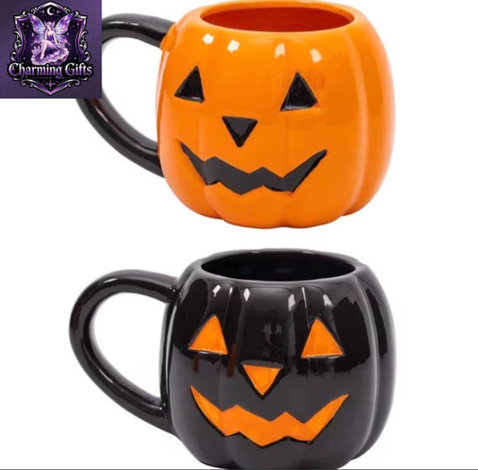Evelay 2pcs Halloween Pumpkin Ceramic Mugs – Black & Orange Cups for Hot or Cold Drinks, Cute Autumn Coffee Cups for Home, Office, or Party Decor