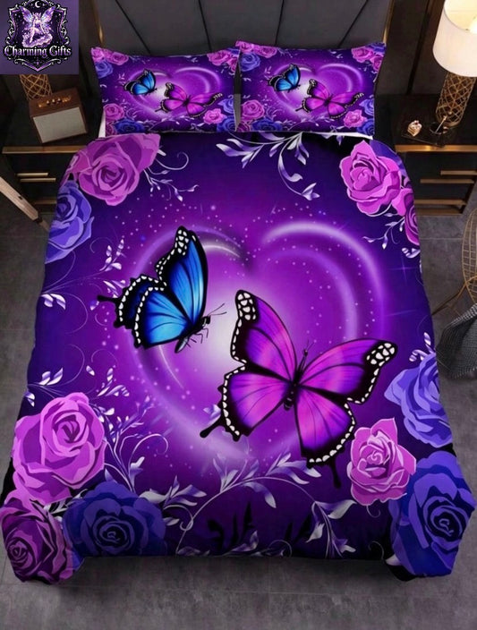 3pcs Duvet Cover Set, Flower Butterfly Rose Print Bedding Set, Soft Comfortable Duvet Cover, For Bedroom, Guest Room (1*Duvet Cover + 2*Pillowcases, double