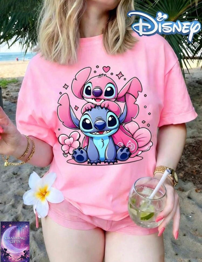 [Officially Licensed By Disney] Women's Crew Neck Printed T-Shirt - Featuring Disney Stitch Pattern And The Word "Stitch" Printed On It.