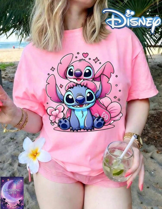 [Officially Licensed By Disney] Women's Crew Neck Printed T-Shirt - Featuring Disney Stitch Pattern And The Word "Stitch" Printed On It.