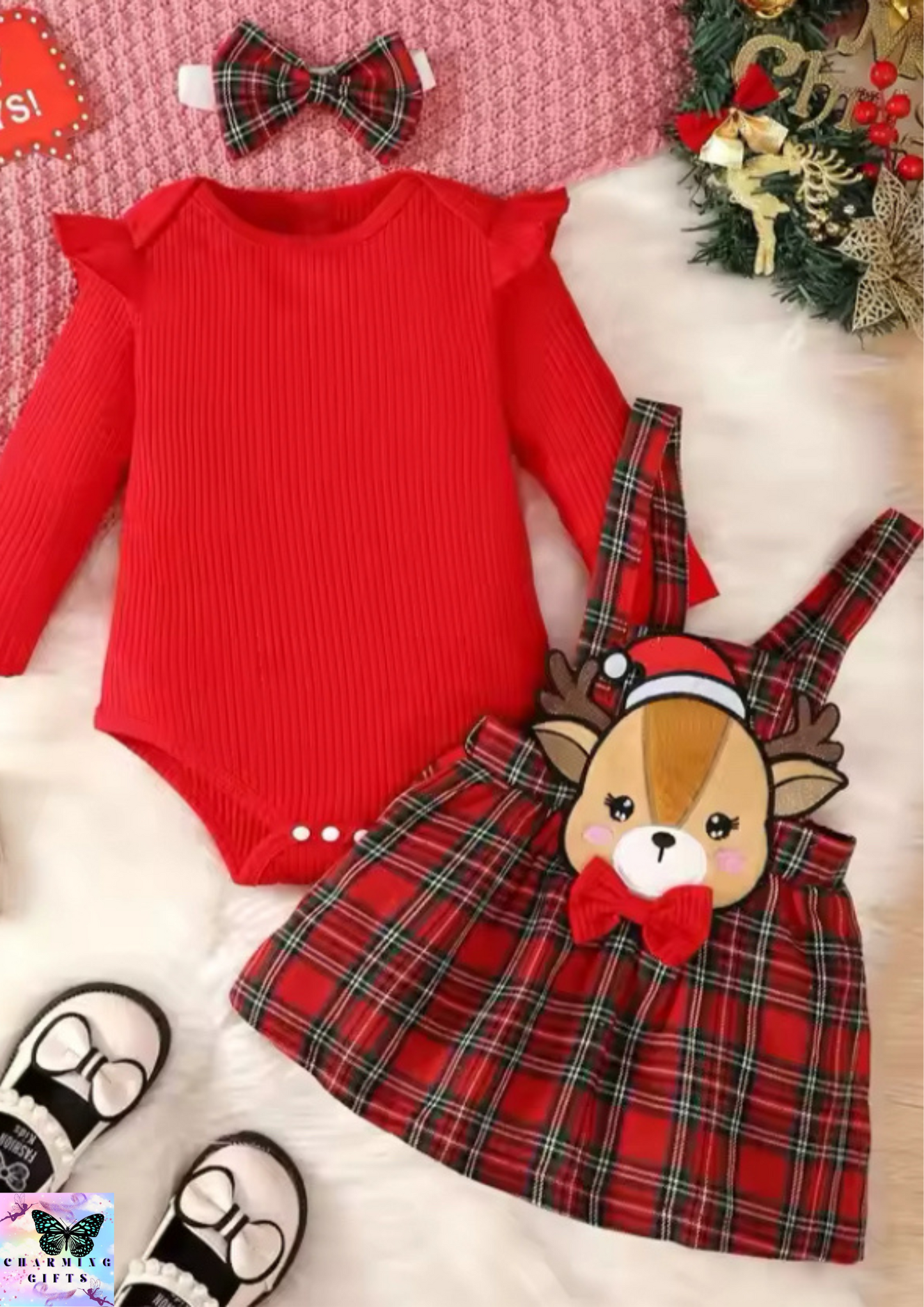 0-2 Year Old Newborn Baby Girls Spring And Autumn Long Sleeved Jumpsuit With Christmas Deer Plaid Strap Dress Fashion Set