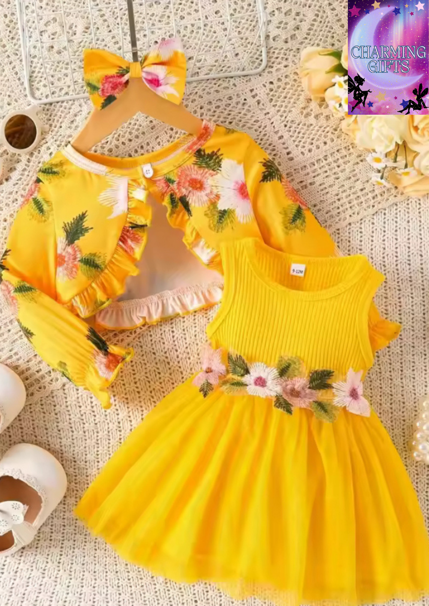 New Baby Girl Spring and Autumn Style Sleeveless Waist Flower Design Spliced Dress+Small Coat