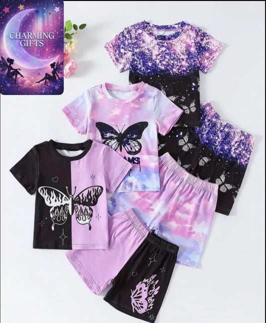 3pcs Girls' Outfit Set: Knitted Butterfly Print Round Neck Short Sleeve Top with Color Block Butterfly Print Casual Shorts, Perfect for Summer Outdoor Activities and Sports, Perfect for Outdoor