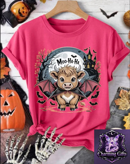 [Halloween Holiday Outfit] Women'S Party Gift Moo-Ha-Ha Text Vampire Highland Cow Castle Dead Tree Bat Full Print Round Neck Short Sleeve T-Shirt Dark Cute Style All-Season Versatile Casual Wear Fashion Athletic Leisure Comfortable Breathable Top