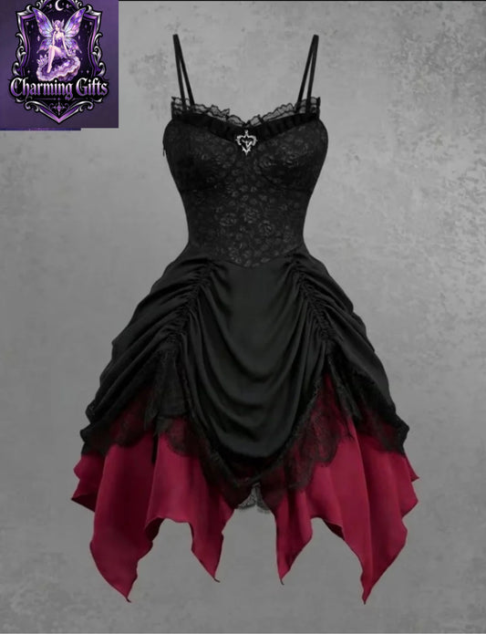Dark Gothic Style Black and Red Contrast Lace Camisole Dress with Cinched Waist, Gathered Pleats, and Irregular Hem. Halloween Party Hot Dress Featuring a Mysterious Black and Red Color Clash, Vintage Courtly Feel with Draping Pleats