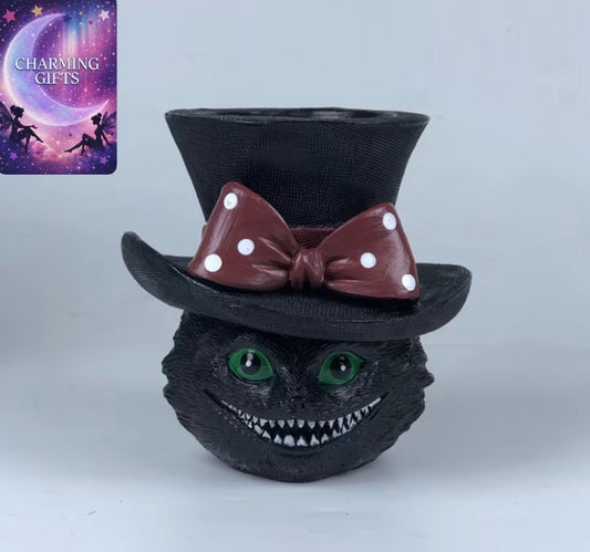 Fantasy Black Cat Polka Dot Bowler Hat Planter - an Artificial Green Plant for Home And Office, Featuring a Lightweight And Durable Design, Cat-Themed Decor, Desktop Ornament, Dreamy Atmosphere, Smooth Surface, Handcrafted, Unique Decoration