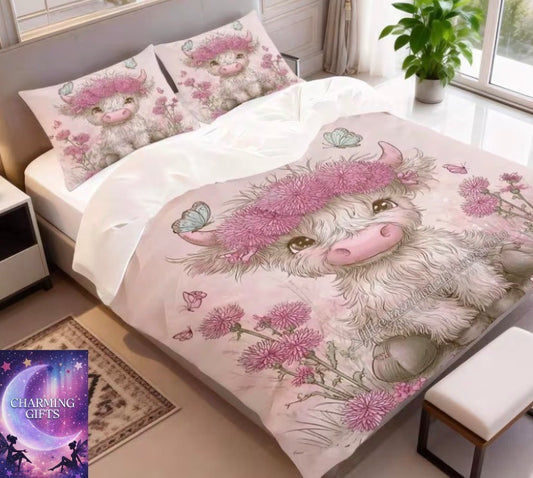 3pcs of 2D Flat-Printed Adorable Cartoon Bedding Featuring a Pink Pastel Cow Adorned with Flowers And Butterflies, Perfect for Different Occasions (Includes 1 Duvet Cover And pillow cases Double
