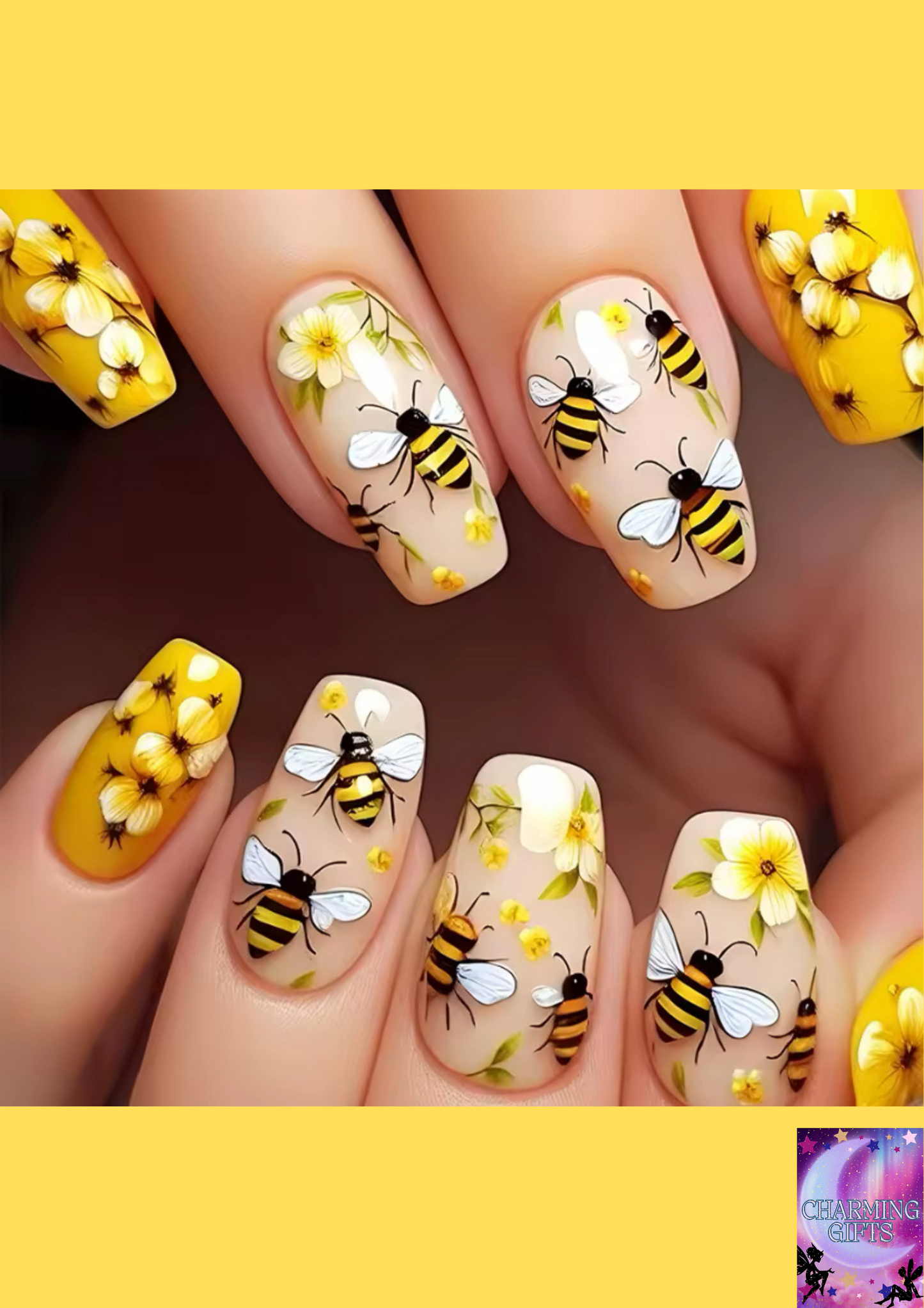 24Pcs Cute Bee False Nails with Jelly Glue Mid-length Ballet Fake Nail Art Tips Yellow Flower Design Wearable Nails Set Press On