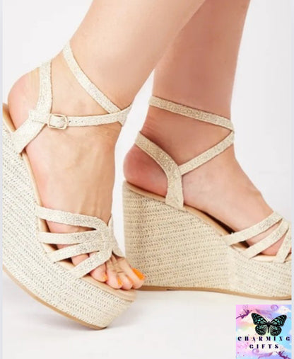 Gold Espadriles Wedge Sandals