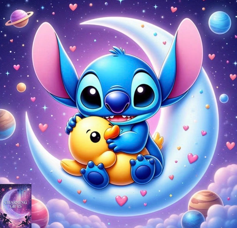 1pc Large Size Round Full Diamond Painting Kit Stitch And Duckling 5D Disney Animation Room Wall Decoration, Creative Handmade, Suitable for Birthday, Christmas, Halloween, Independence Day, Anniversary Gift Giving