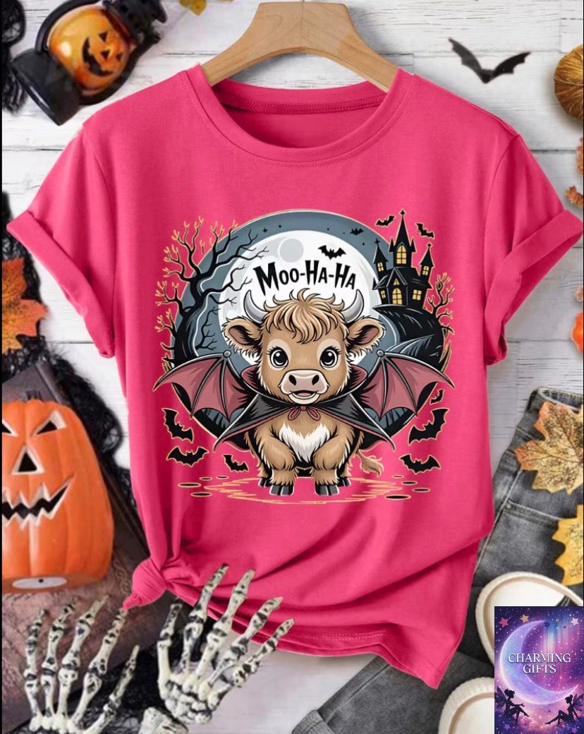 [Halloween Holiday Outfit] Women'S Party Gift Moo-Ha-Ha Text Vampire Highland Cow Castle Dead Tree Bat Full Print Round Neck Short Sleeve T-Shirt Dark Cute Style All-Season Versatile Casual Wear Fashion Athletic Leisure Comfortable Breathable Top