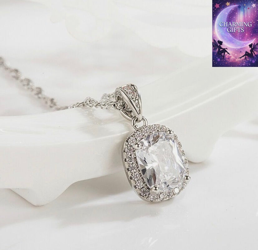 Crystal Square Pendant Chain Necklace 925 Sterling Silver Jewellery Gift UK