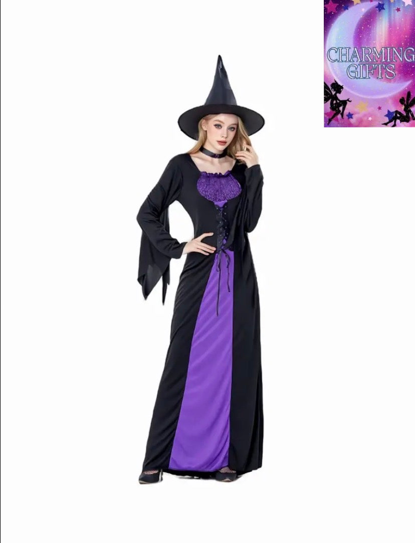[Spooky Witch Costume] Vintage-Inspired Halloween Witch Costume - Elegant Black & Purple Long Dress with Pointed Hat & Layered Collar, Full-Length Flowing Robe for Cosplay, Themed Parties & Role-Play (Hand Wash/Dry Clean) - Spooky Magical Outfit, Cosplay