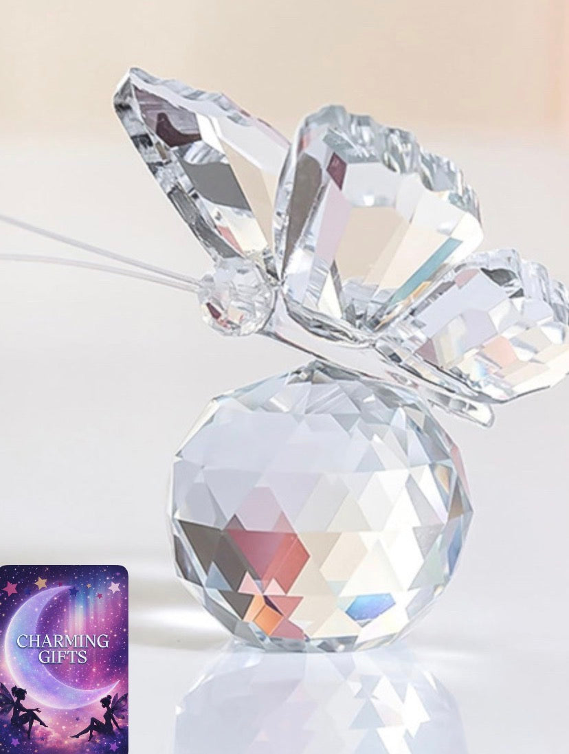 Crystal Flying Butterfly with Crystal Ball Base Figurine Ornament Statue Animal