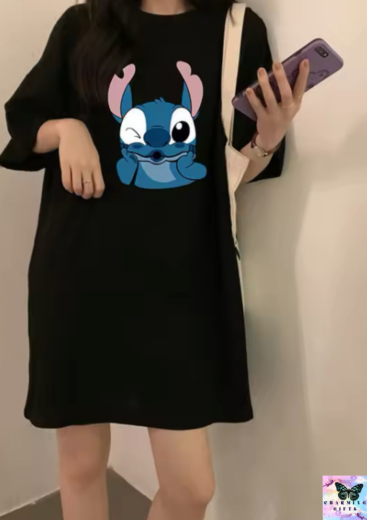 Kawaii Disney Stitch Nightdress for Women Cotton Cartoon New Short-Sleeved Loose and Versatile Dress That Can Be Worn Outside