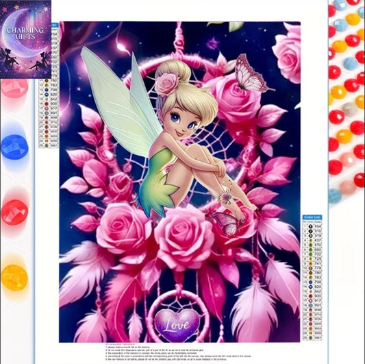 Large Round Diamond Painting Kit Featuring a And Tinker Bell from Disney'S Classic Animations, Perfect for Home Wall Decor. Available in Multiple Sizes, Ideal for Gifts on Birthdays, Christmas, Halloween, And Independence Day