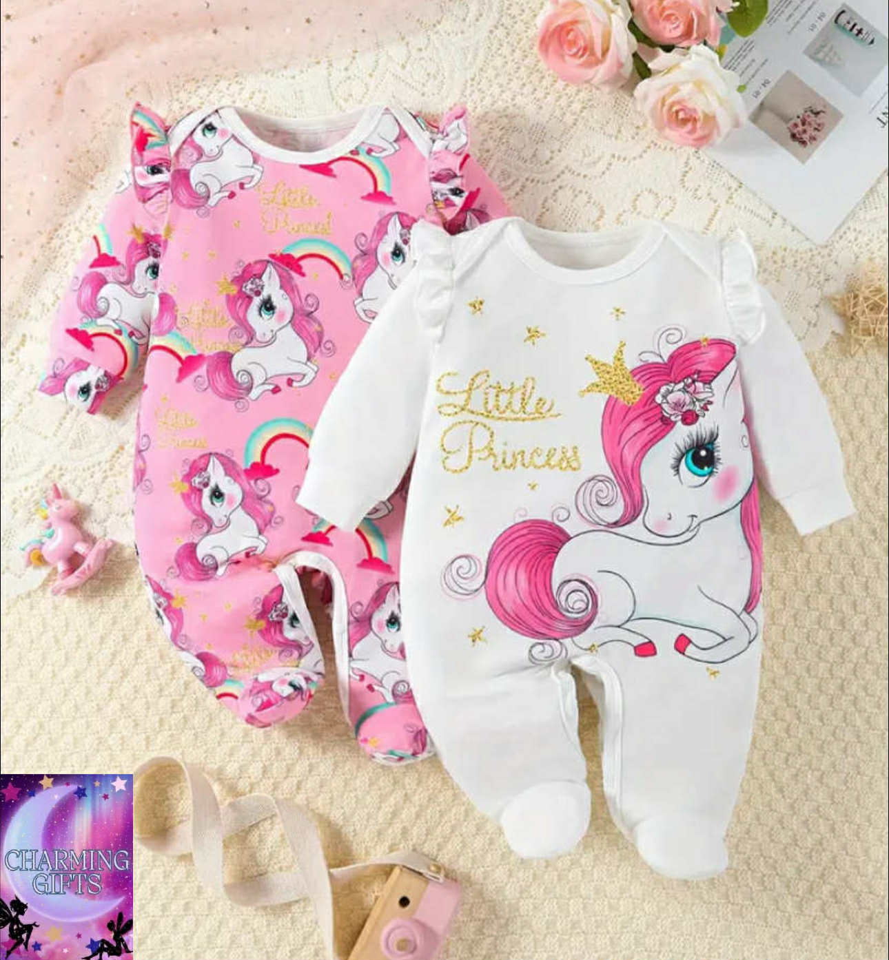 Unicorn Print Children's Footed Romper Two-Piece Set, Perfect for Outdoor