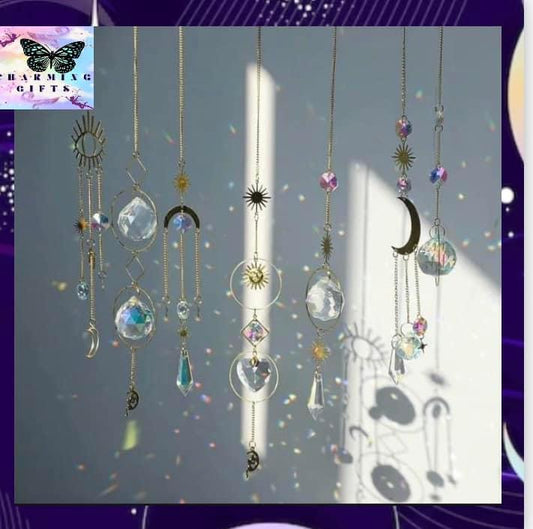 7 PCS Crystal Suncatchers, Gold Moon Star Sun Catchers Hanging with Chain Pendant Ornament Colorful Crystal