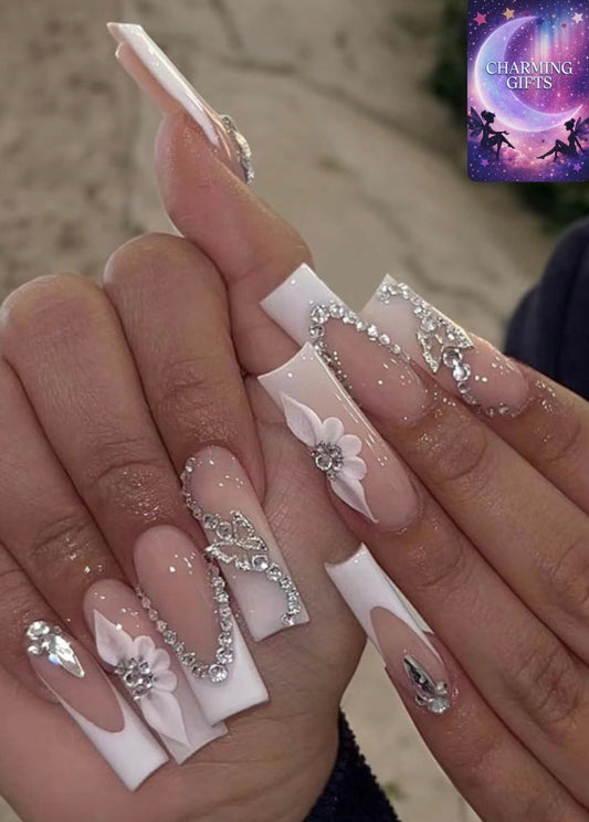 24pcs Long Square False Nails French White Tip Stick on Nails Nude Pink Press on Nails Rhinestone Butterfly Flower Removable Glue on Nails Full Cover  Nails Women Bridal Nail Art Accessories