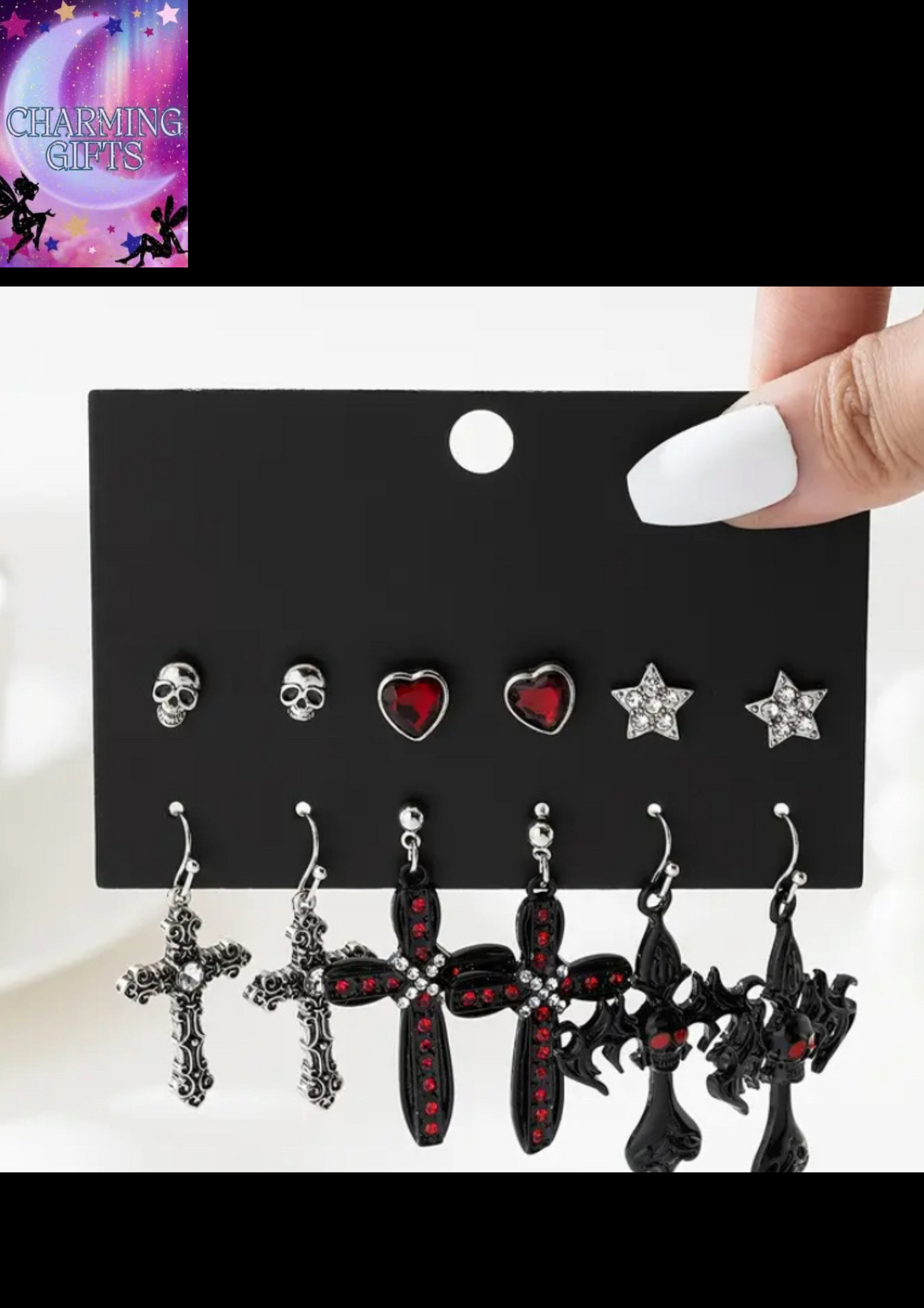 A Stylish Set Featuring Six Gothic Dark-Themed Skulls with Heart Designs, Sparkling Five-Pointed Star Patterns, And Creative Cross Motifs, All with a High Aesthetic Appeal.