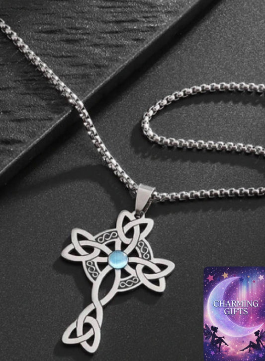 Stainless Steel Celtic Knot Cross Power Stone Pendant Necklace for Women Men Irish Witch Knot Lucky Jewelry Gift