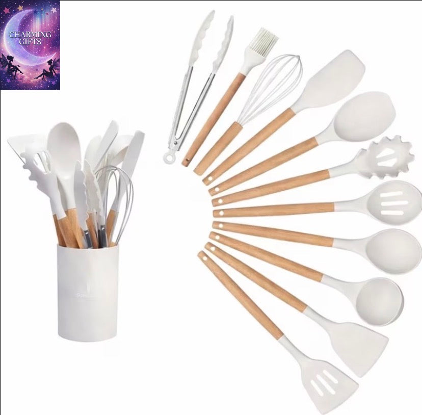 12PCS Silicone Kitchen Utensil Set with Holder Non-Stick Heat Resistant Cooking Tools Set Wooden Handle Cookware Accessories