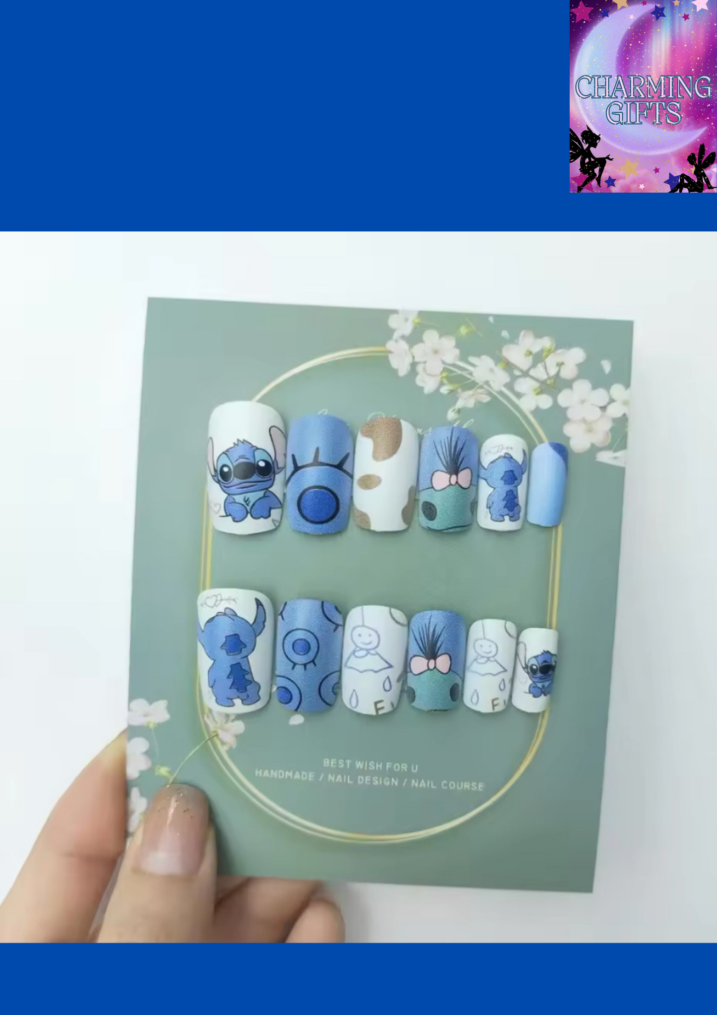 Kawaii Stitch False Nail Cute Disney Cartoon Anime Nail Patch DIY 3D Manicure Sticker Fashion Accessories