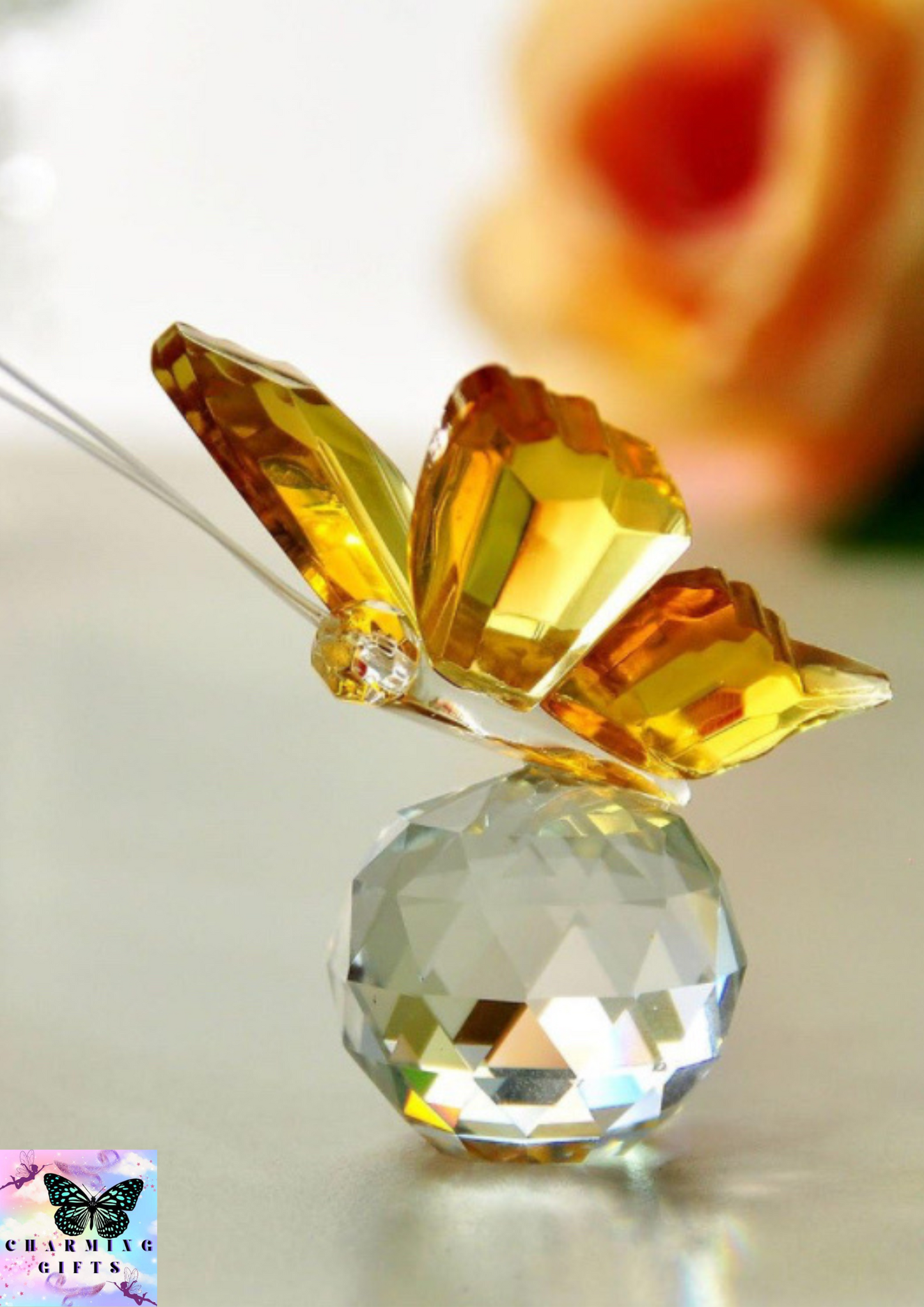 Crystal Flying Butterfly with Crystal Ball Base Figurine Ornament Statue Animal