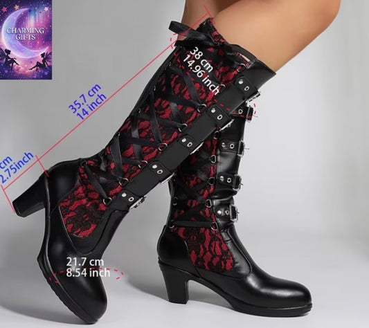 Women's Gothic Punk High-Top Boots with Round Toe, Back Zipper & Lace Block - Chunky High Heel Suitable for Weddings, Parties, Motorcycle Riding - - Gothic Boots, Women Shoes