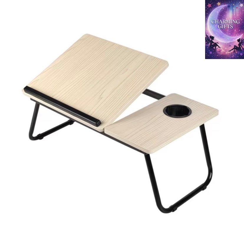 [Cozy Comfort] Versatile Folding Laptop Desk with Cup Holder - 5-Level Adjustable Tilt, Portable & Sturdy Wooden Frame, Ideal for Reading, Studying & Serving Breakfast in Bed
