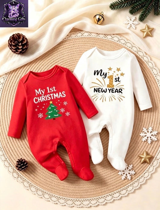 Baby 2pcs Red & White Set Christmas Jumpsuit with "My First Christmas" & "My First New Year" Print - Soft Long Sleeve Footed Baby Romper for Holiday Photos & Casual Attire, Festive Solid Color Sleeves & Cozy Round Neck, Perfect for Christmas