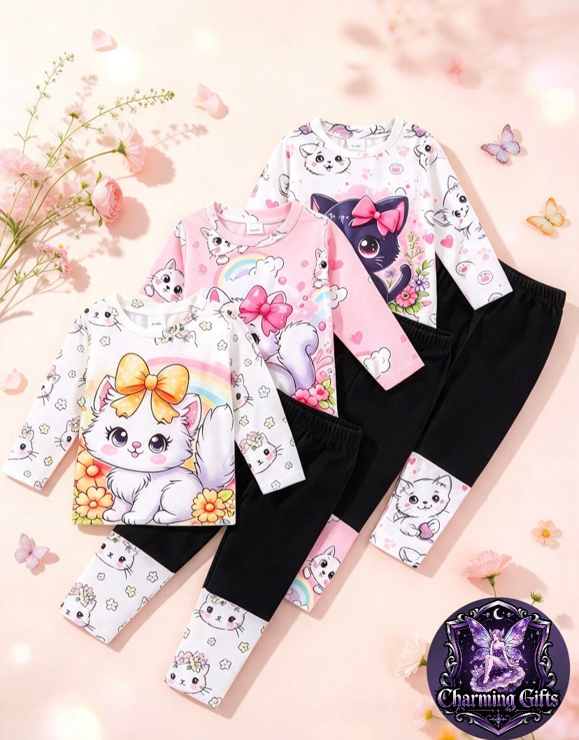 🐱 6-Piece Cute Cat & Rainbow Girls' Outfit Set 🌈✨