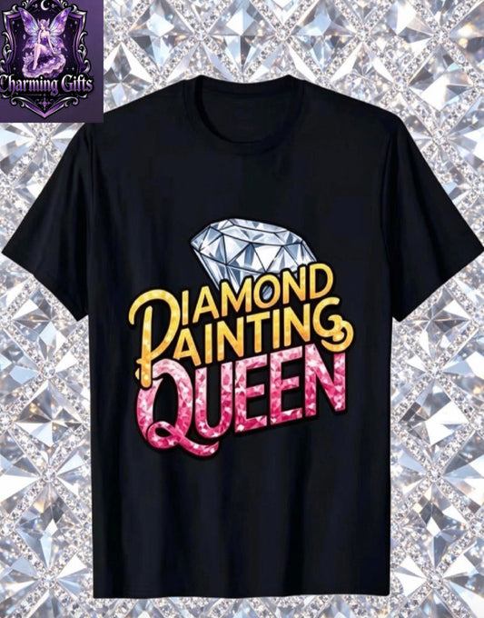 "DIAMOND PAINTING QUEEN" Rhinestone T-Shirt - 2D Print Round Neck Short Sleeve Casual Summer Tee with Diamond for Hobbyists, Machine Washable Black Top