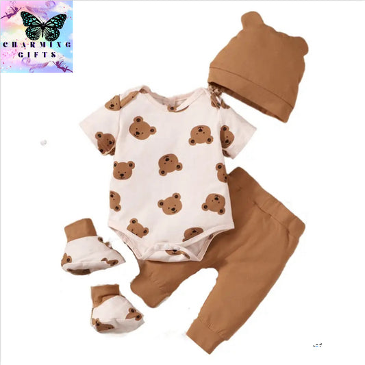 0-9 Months Newborn Baby Boy 4PCS Clothing Set Bear Print Short Sleeve Bodysuit+Pants+Hat+Sock Cute Baby Photograph Outfit